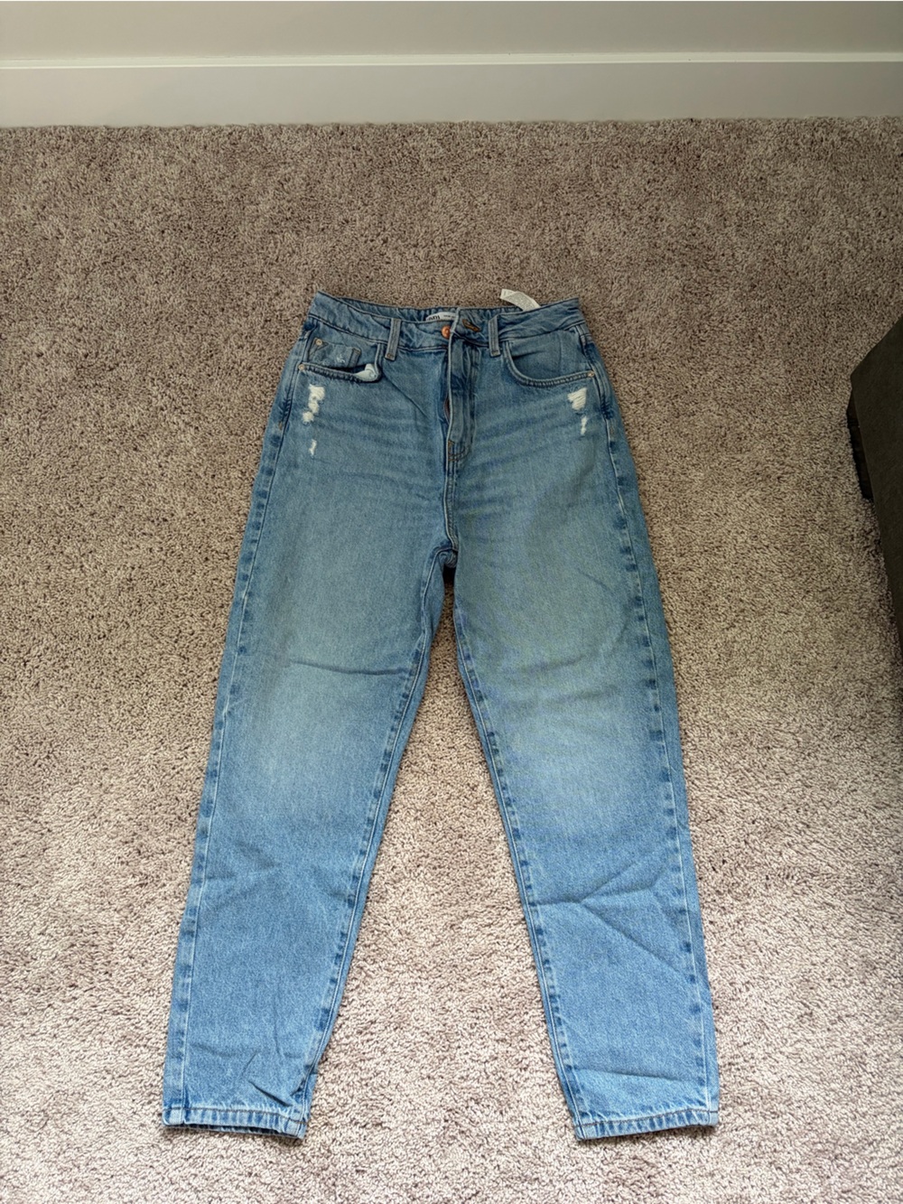 Zara Light Blue High-Waist Distressed Mom Jeans